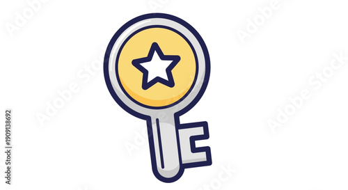 A stylized key with a star emblem on its circular head viewed from a straightforward perspective