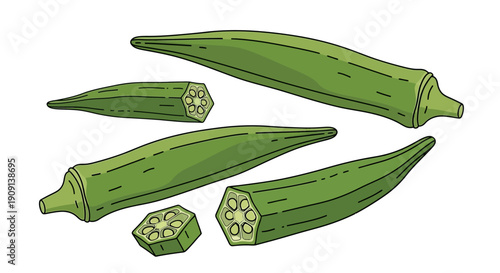 Okra vegetables sliced and whole on a plain white background, viewed from directly above