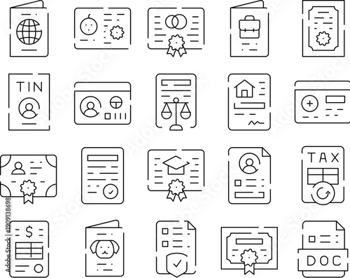 Official documents collection showing various identification, legal, diploma, financial, and tax paperwork icons, representing administrative processes and certified records