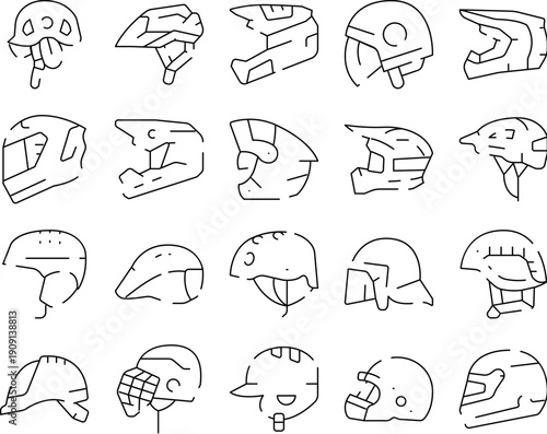 Helmets headgear protection line art collection featuring various designs for sports, safety, and outdoor activities, representing essential equipment for different athletic and protective needs