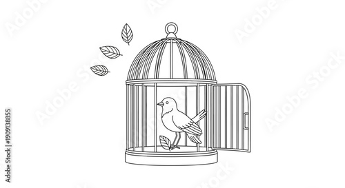 A bird escapes from an open birdcage with leaves floating outside, illustration, close-up view.