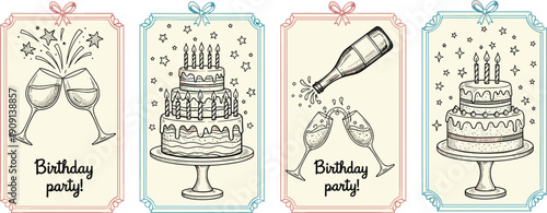 Set of hand drawn sketch birthday party labels with cake champagne glasses and celebratory stars cad drawing flat vector illustration.