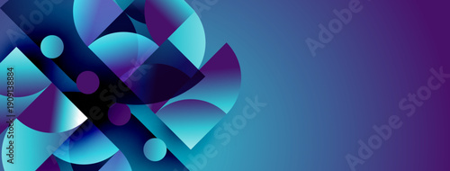 Abstract shapes, vibrant blues, purples create dynamic composition. Modern design, gradient effect, smooth transitions visible.