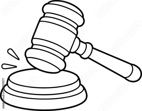 Black outline gavel striking sound block with motion lines judge justice court