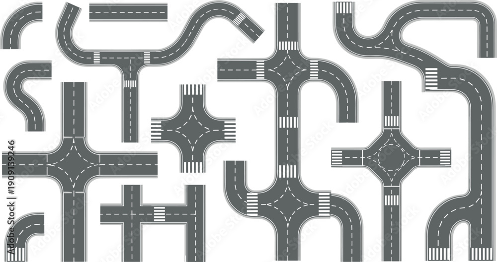 Obraz premium Top view city road map elements with highway curves intersections and street crossings, cad drawing flat vector illustration.