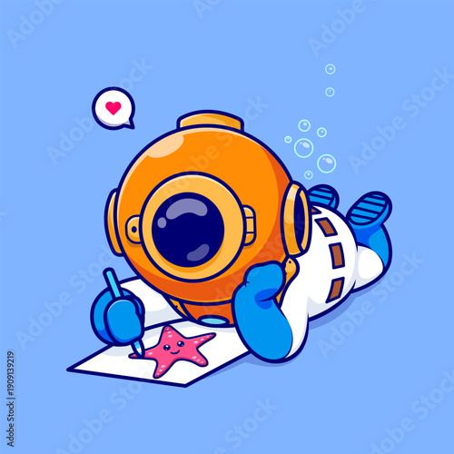 Cute Diver Drawing Starfish Cartoon