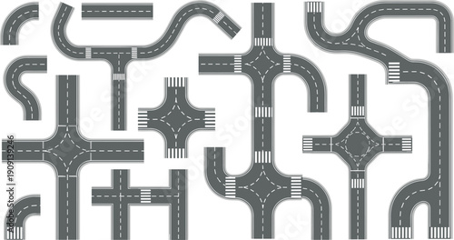 Top view city road map elements with highway curves intersections and street crossings, cad drawing flat vector illustration.