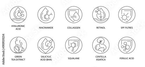 Skincare Active Ingredients Line Icons Set. Hyaluronic Acid, Retinol, Vitamin Care, SPF, Peptides, Antioxidants