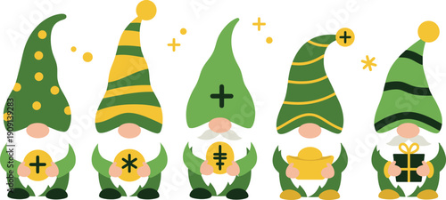 Funny cartoon vector illustration set of colorful party hats, happy Easter chickens, and festive Christmas trees with spring flowers and eggs in a vibrant holiday pattern design