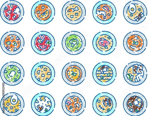 Pizza variety collection icons showcasing a wide range of popular italian street food options and various ingredients in a stylized, hand drawn outline illustration