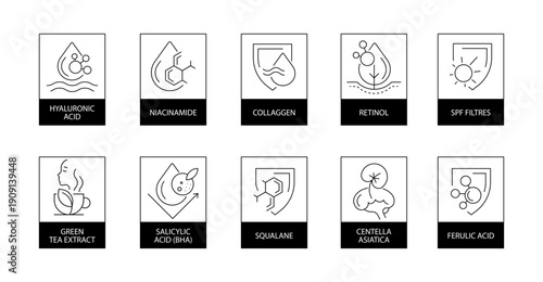 Skincare Active Ingredients Line Icons Set. Hyaluronic Acid, Retinol, Vitamin Care, SPF, Peptides, Antioxidants