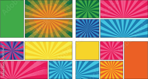 Vibrant comic book background template with colorful radial sunburst patterns and blank panels for storytelling.
