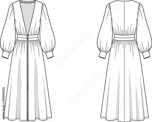 Fashion Forward: An Elegant V-Neck Dress Design with Exaggerated Sleeves and a Front Zipper, Ideal for Fashion Designers and Pattern Makers