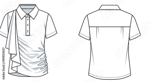 Fashion Technical Drawing of a Trendy Woman's Polo Shirt Design with Ruffles and Cinched Side Detailing in Black and White, Front and Back Views