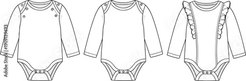 Three Baby Bodysuits Line Art Vector Illustration: Infant Clothing Design Templates for Fashion and Apparel Mockups, Garment Sketches, and Newborn Product Catalogs