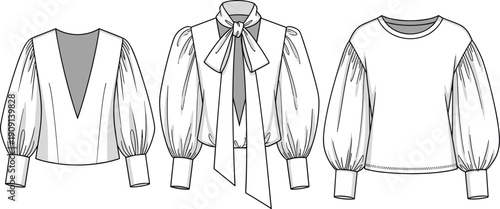 Fashion Forward: Vector Line Art Illustration of Three Elegant Women's Blouses with Puffy Sleeves for Fashion Design and Textile Prints