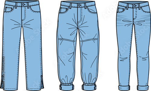 Denim Dreams: A Fashion Illustration of Stylish Jeans in Various Cuts and Styles, Perfect for Apparel Designs and Trendsetting Fashion Concepts, Inspiring Creativity