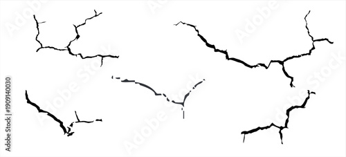 Surface cracks and fissures in ground, concrete, crevices from disaster top view. Breaks on land surface from earthquake isolated on white background. Broken ground, wall, glass pattern effect. Damage