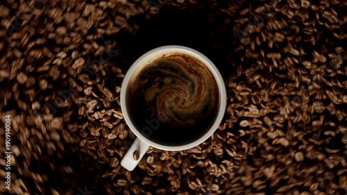 Coffee cup moving through heap of roasted beans.
