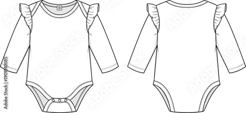 Technical Fashion Illustration: Baby Onesie with Ruffle Sleeves, Long Sleeve Bodysuit Template for Designers and Apparel Manufacturers
