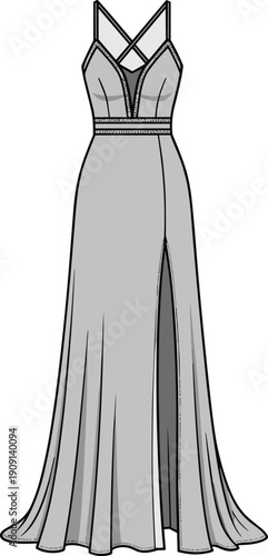 Elegant Grey Maxi Dress Illustration with Criss-Cross Straps and High Slit for Fashion Design, Prom or Special Occasion Mockups