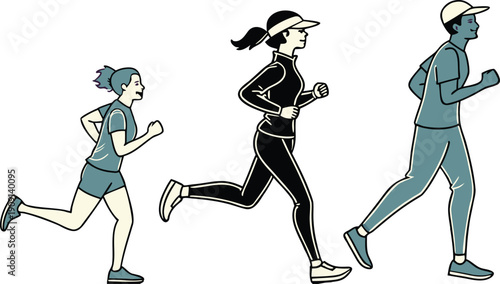 Three diverse runners exercising together outdoors, showcasing different styles and athletic wear