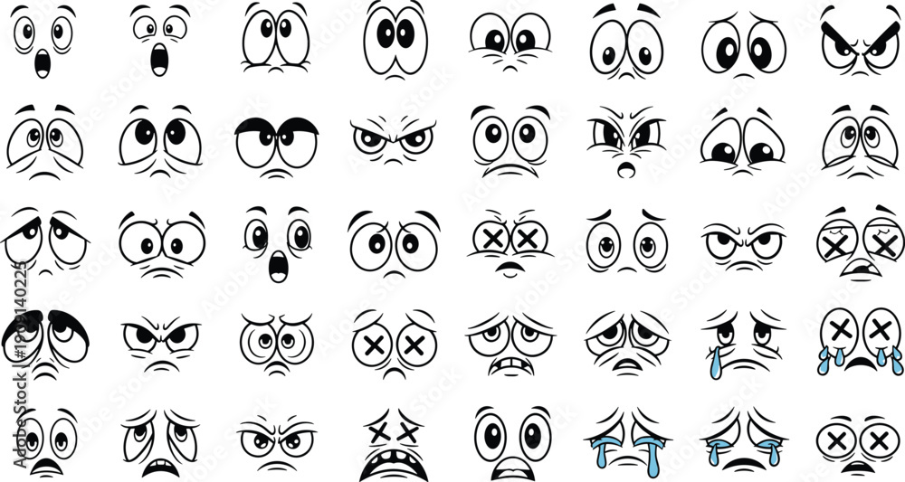 Fototapeta premium Cartoon eyes expressions set with sad happy angry crying cad drawing flat vector illustration collection
