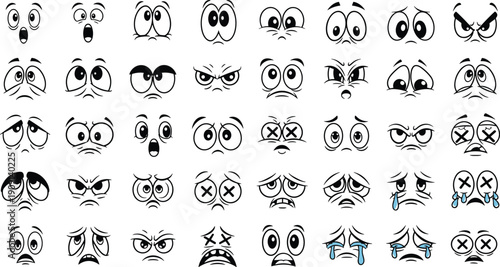 Cartoon eyes expressions set with sad happy angry crying cad drawing flat vector illustration collection