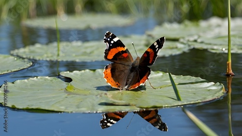 At the still edge of a small forest pond, a Red Admiral Butterfly lands briefly on a water lily pad.