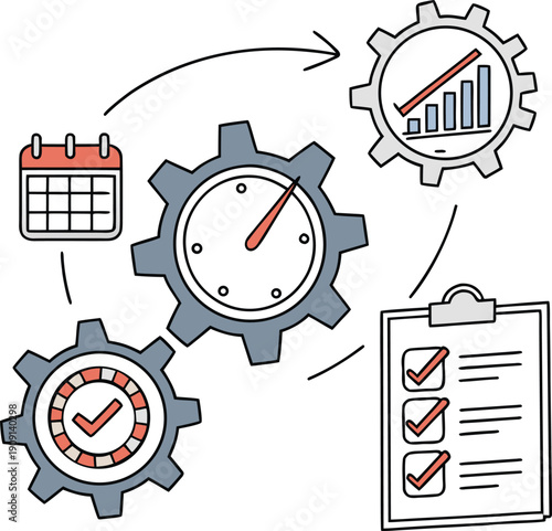 Business process management icon collection. Includes gears, clock, calendar, checklist, and workflow symbols. Created in line style with colorful palette.