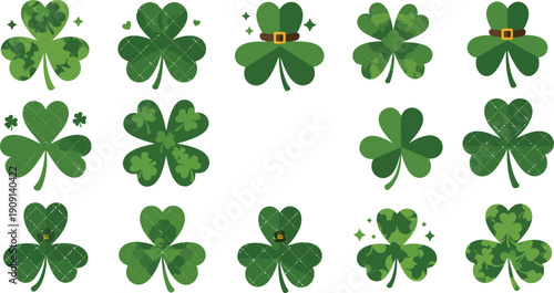 Seamless vector pattern featuring a green four leaf clover and shamrock set for a lucky St Patrick's Day Irish nature design