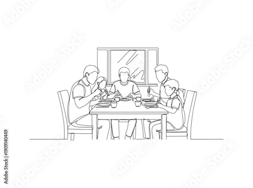 Family enjoying dinner at home Featured in a line art style