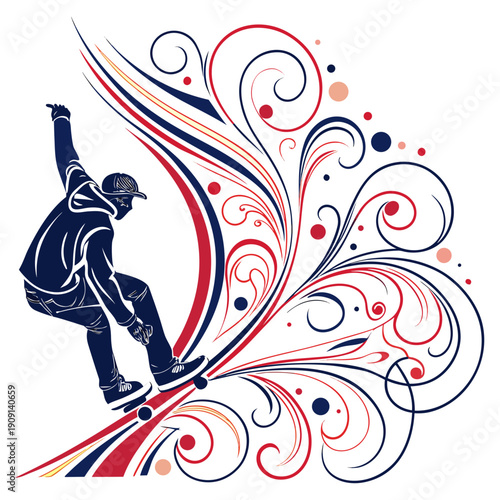 A skateboarder performs a trick with a floral design