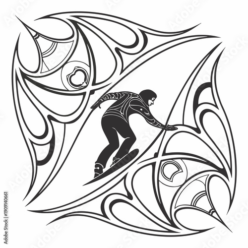 A black and white drawing of a man skateboarding