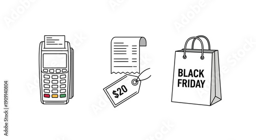 Black Friday Shopping Icons: POS Terminal, Receipt with $20 Tag, and Shopping Bag
