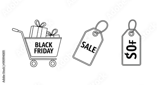 Black Friday Shopping Cart with Gifts, Sale Tag, and Discount Tag Icons