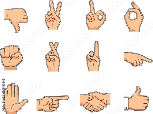 Hand gestures set with thumbs up peace sign and pointing fingers cad drawing flat vector illustration