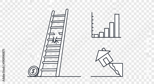 Broken Ladder with Money, Financial Crisis Graph, and Collapsing House