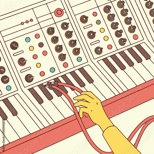 Vibrant studio scene with music producer connecting cables to synthesizer keyboard, capturing creative energy and modern sound design