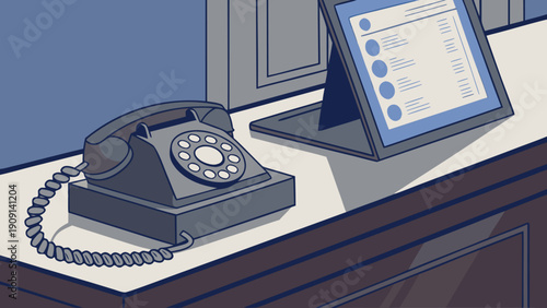 Classic office scene with vintage rotary phone and computer monitor on a desk