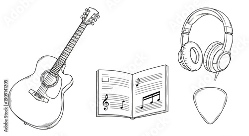 Acoustic Guitar, Headphones, Music Sheet, and Pick - Hand-Drawn Sketch