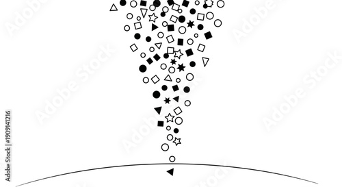 Abstract shapes falling into a funnel towards a curved line, representing data flow or process.