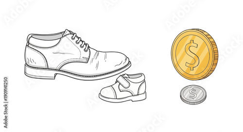 Adult and Child Shoes with Coins: Family Budget, Financial Planning, Cost of Living