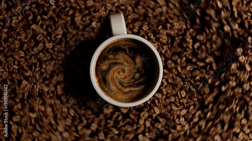Coffee cup sliding over a bed of beans.
