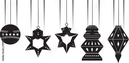 Vector illustration of hanging Easter eggs and a fishing net on an abstract winter background with shiny gold Christmas star ornaments and holiday bauble decorations