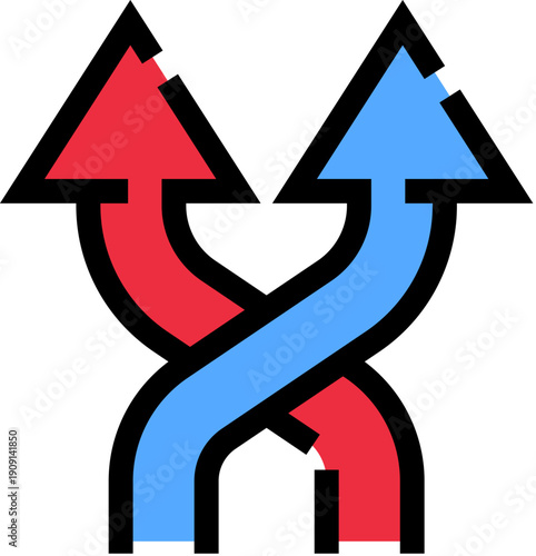 Two distinct arrows, one red and one blue, are crossing and intertwining in a vibrant icon, representing the concept of exchange, change, shuffle, and redirection in processes or choices