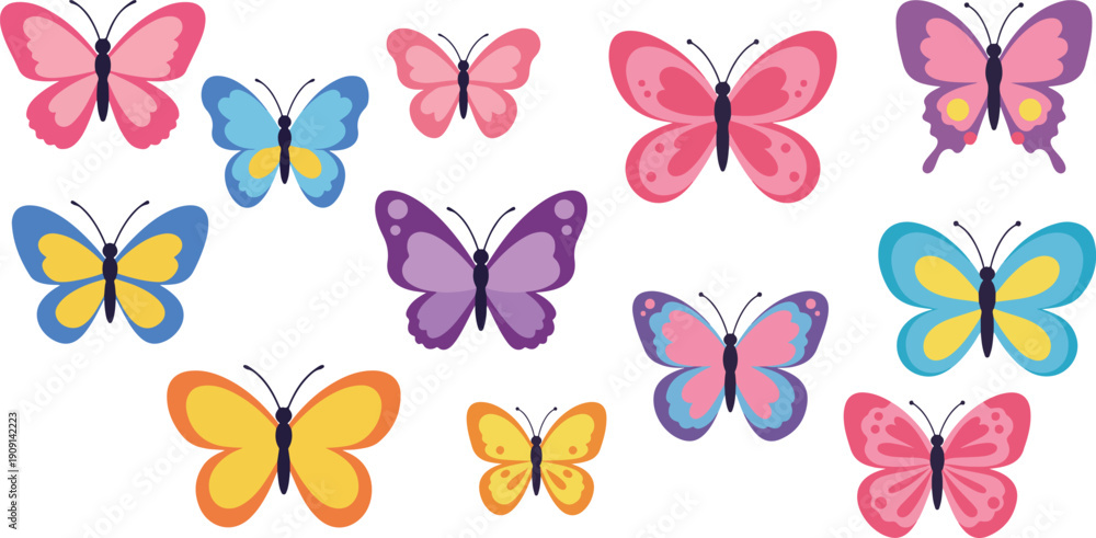 Fototapeta premium Colorful illustration of multiple butterflies in various shades and patterns