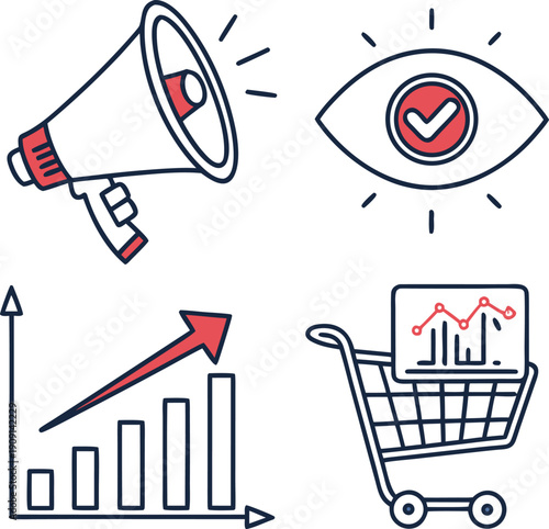 Business and finance icon collection. Includes megaphone, eye with checkmark, bar chart, and shopping cart symbols. Created in line style with red and blue palette.