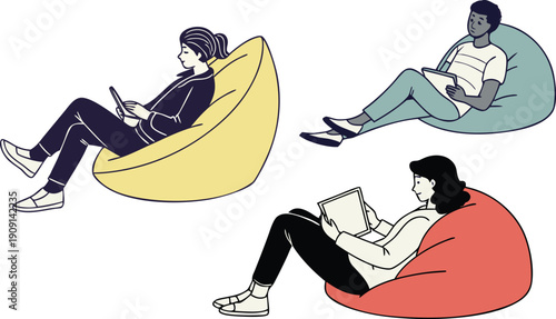 Relaxed people reading books in comfortable bean bag chairs