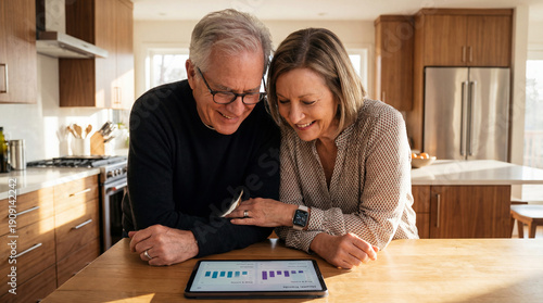 Senior couple in a bright modern kitchen reviewing charts from a smartwatch and smart ring on a tablet